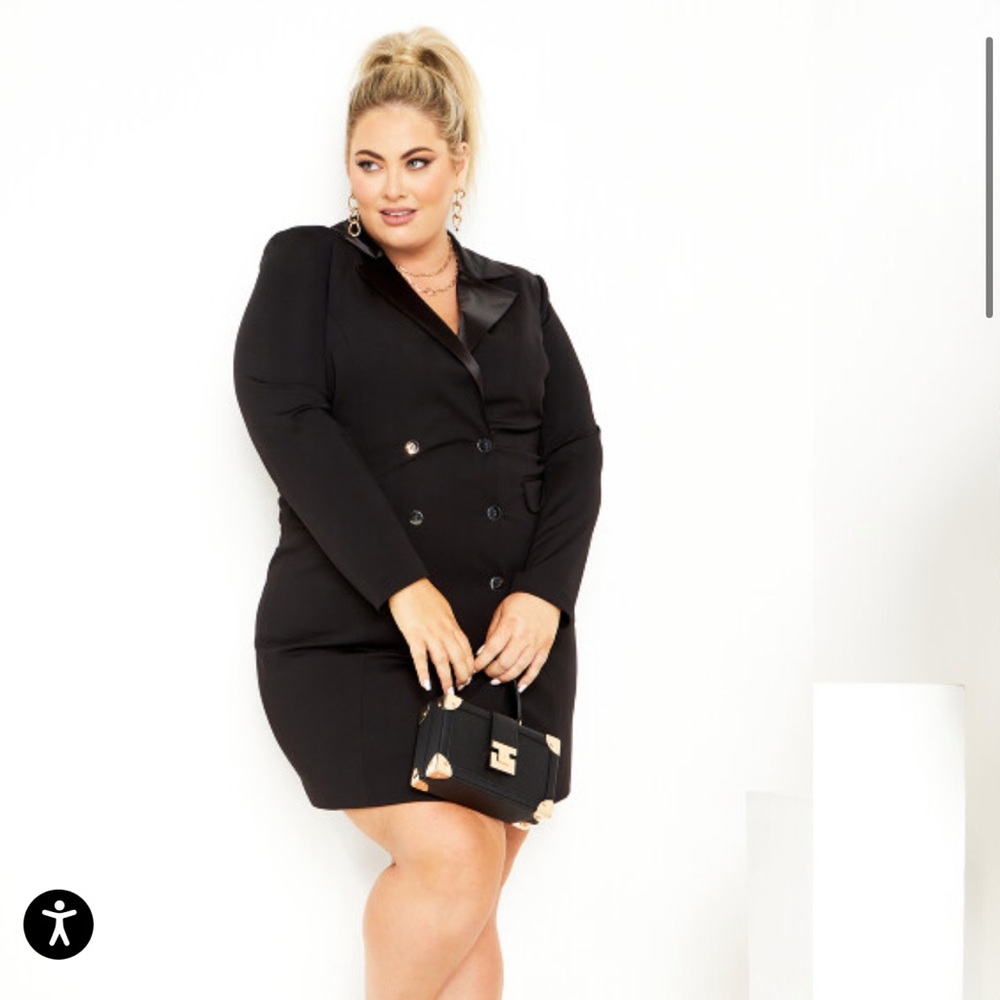 City Chic Black Satin Lapel Blazer Dress